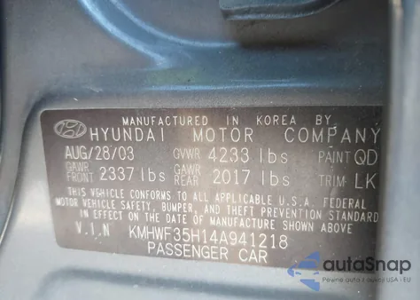 2004 Hyundai Sonata Gls/Lx from USA, damaged, VIN KMHWF35H14A941218